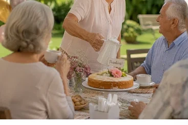 Idosos em celebração no jardim durante o dia