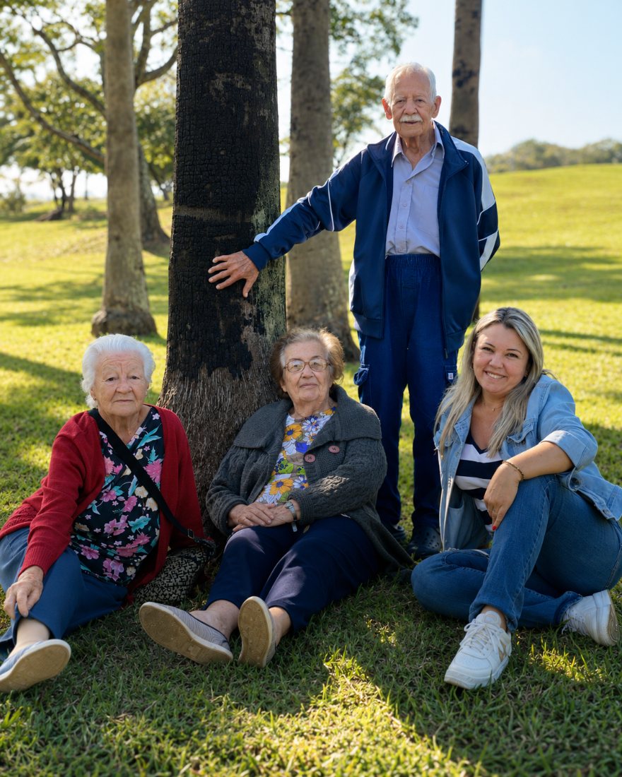Três gerações de uma família reunidas em um parque