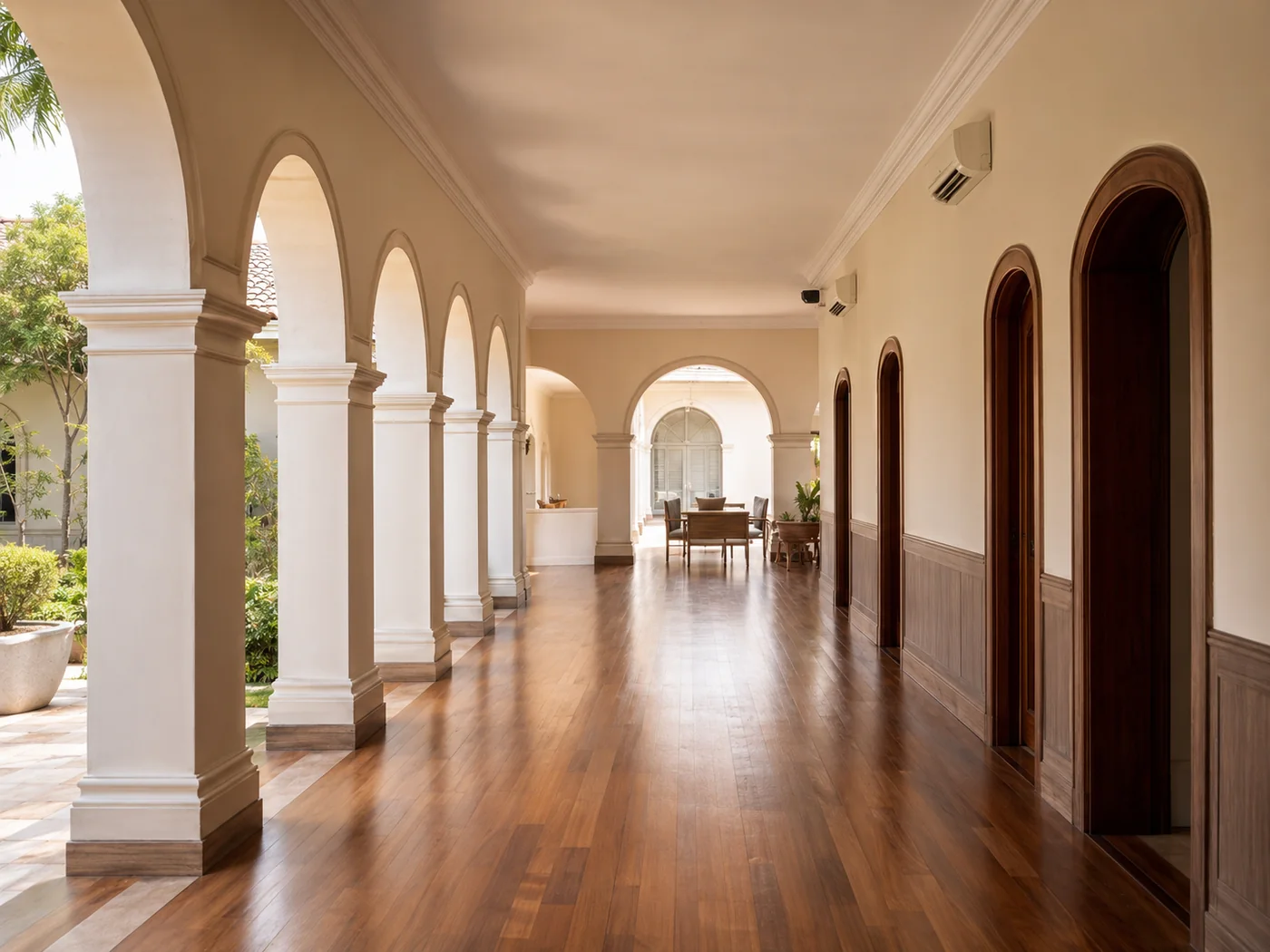 Áreas internas claras com arcos e madeira