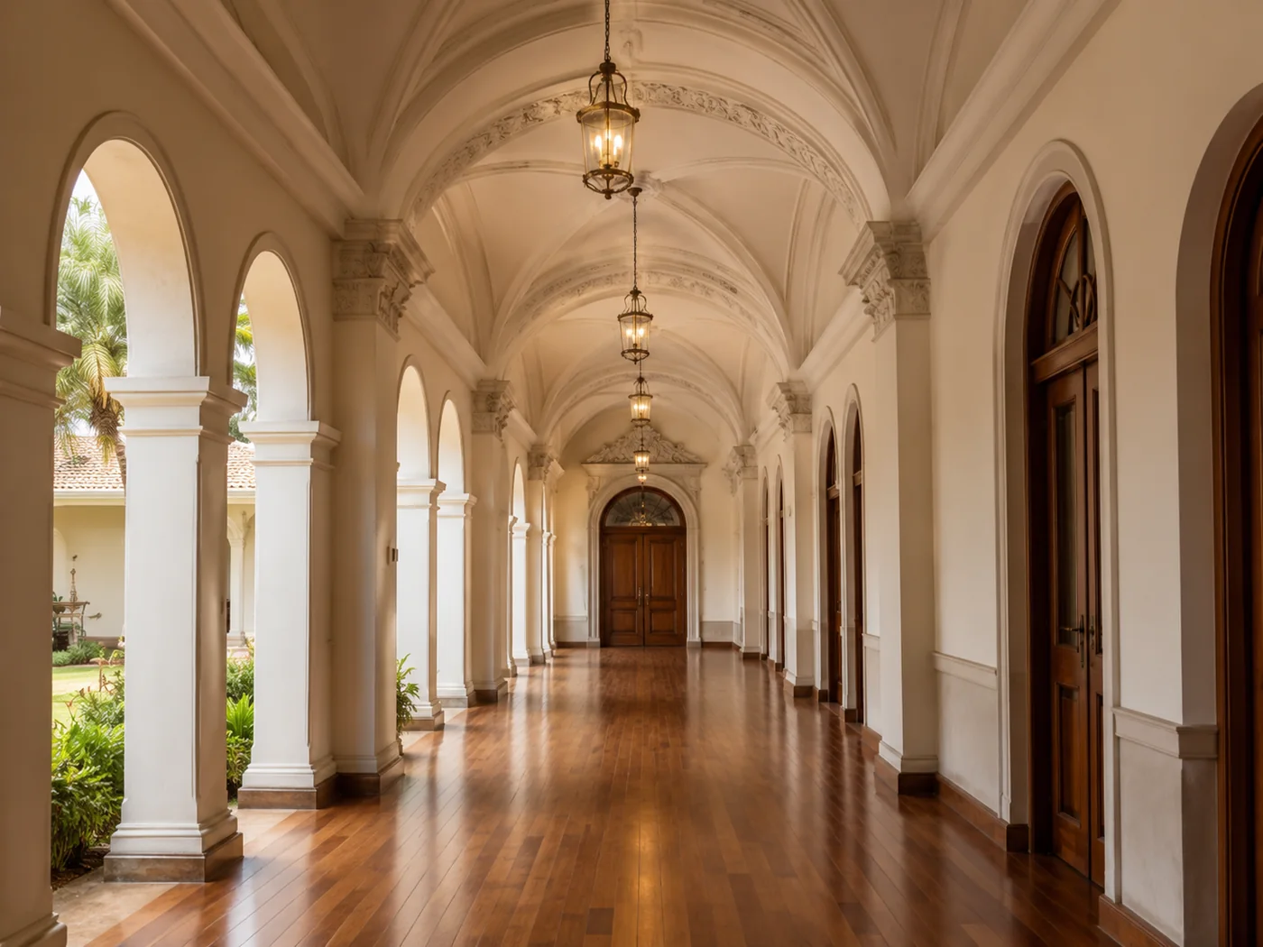 Hall elegante com arcos e luz natural